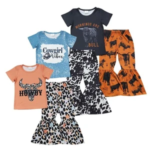 Western Baby Girls Short Sleeve Top With Bell Bottom Pants Outfit - Picture 1 of 7