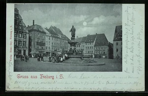 Mondschein-AK Freiberg i. S., Marktplatz mit Denkmal-Brunnen 1899 - Picture 1 of 2