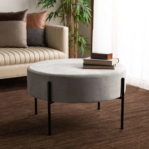 Luxury Glamour Lisbon round Velvet Cocktail Ottoman Grey - Picture 1 of 8