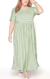 Yours Curve Sage & White stripe Short Sleeve Empire Dress SIZES UK 16 to 26/28 - Picture 1 of 2
