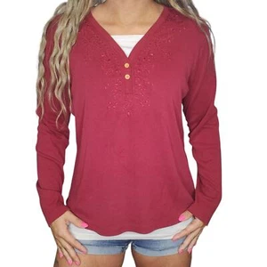 Red Burgundy Embroidered Shirt Womens XL Long Sleeve V Neck Christmas Holidays - Picture 1 of 15
