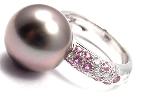 Authentic! Cartier 18k White Gold Tahitian Pearl Diamond Pink Sapphire Ring - Picture 1 of 10