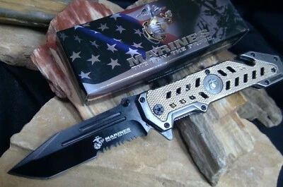 Navaja de bolsillo USMC US Marines tanto asistida por resorte con abrelatas Shelby P51 P38 Foto 1 de 4