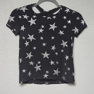 Justice Girls Grey Distressed Silver Star Short Sleeve Criss Cross Back Top Sz 8 - Image 1 of 4
