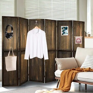 6 Panel Wood Room Dividers 67'' H Pegboard Display Folding Privacy Screens Brown - Picture 1 of 6