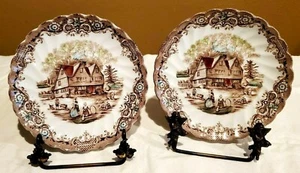 Heritage Hall Häuser Untertassen Paar England #4411 Paar gewellte Kanten braun Vintage - Bild 1 von 5