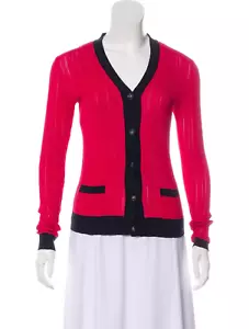 2010 CHANEL Pink Navy Blue Cotton Cashmere Top Cardigan Sweater FR-36 US-2/4 - Picture 1 of 5