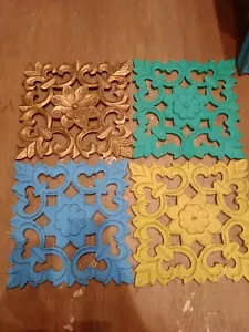 Wooden Square Mandala Wall Art Set of 4 pcs Handmade Distressed Carved Teak - Picture 1 of 5
