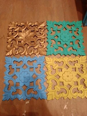 Wooden Square Mandala Wall Art Set of 4 pcs Handmade Distressed Carved Teak - Image 1 of 4