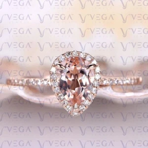 2.50Ct Pear Cut Natural Morganite & Diamond Prong Ring 100% 14k SOLID Rose Gold - Picture 1 of 14