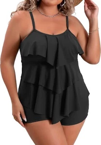 NWT~ SouqFone sz M Black Tankini Tiered Swimsuit Top Flounce Flowy D15 - Picture 1 of 7