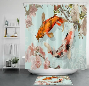Japanese-style Koi Pink White Cherry Blossoms Shower Curtain Set Bathroom Decor - Picture 1 of 13