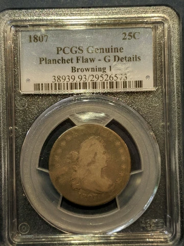 1807 25C Error Draped Bust Quarter  PCGS, Planchet Flaw Good Details B-1 Cover