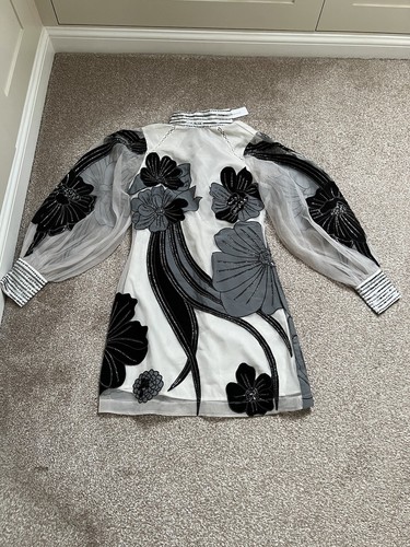 OFF WHITE Mini abito bianco Karen Millen Petite Applique organdie floreale taglia UK 10