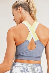 *NWT* Mono B Cross Back Sports Bra Grey/Yellow/White - Picture 1 of 2