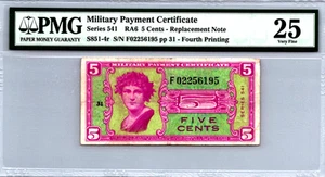Series 541 ($.05 CENTS) 4th Printing "REPLACEMENT PMG 25 VF Pick S851-4r - Picture 1 of 12