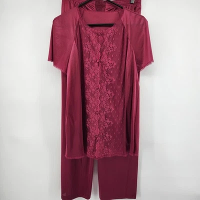VTG Women's Burgundy Lace Trim Short Sleeve Button Down Pajama Set Classy Sexy - Image 1 of 4