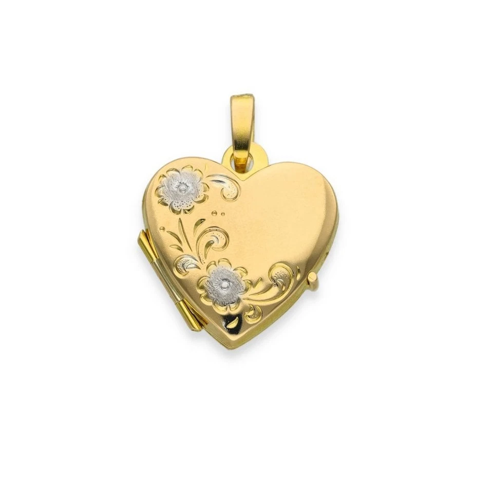 9ct Yellow & White Gold Flower Engraved Heart Locket - 17x18x5mm - Image 1 of 4