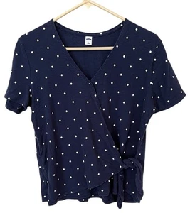 Old Navy Top Womens Size L Navy Polka Dot Faux Wrap Nautical Coastal Preppy - Picture 1 of 6
