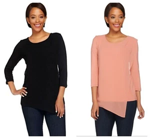 H by HALSTON SCHWARZ ASYMMETRISCH CHIFFON OVERLAY STRICK TOP QVC Gr. M NEU $ 59  - Bild 1 von 4