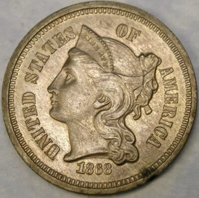 1868/18 THREE CENT NICKEL GORGEOUS SCARCE RE PUNCHED DATE BEAUTIFUL 3c TYPE COIN - Image 1 of 3