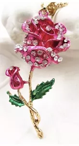 Betsey Johnson Necklace Pink ROSE Enamel Gold Crystals Romantic Gift Box Bag - Picture 1 of 7
