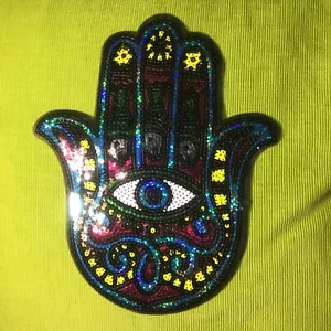 GROßE 10,75" HAMSA HAND mit AUGENKUGEL PAILLETTEN BÜGELBILD PATCH Pailletten Buddha Buddhist - Bild 1 von 5