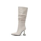 Women's Pleated Mid Calf Knee High Boots High Stilettos Heel Pointy Toe Shoes L