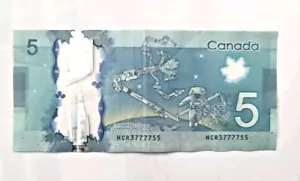 2013 Canada $5 Five Dollar Bill Polymer, lucky 7777, Wilkins / Poloz Circulate - Picture 1 of 3