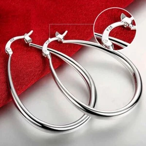 Oval Shaped Silver Color Earrings Women Fashion Jewelry Accessories Hoop Earring - Picture 1 of 12