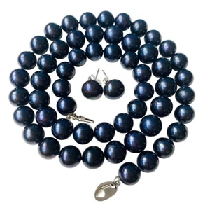20 Inch Set ROUND Cultured Freshwater 9-10mm Black Pearl Necklace Earrings Women - Picture 1 of 7