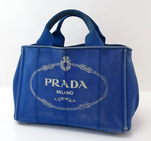 Authentic PRADA Canapa Blue Canvas Shopping Tote Hand Bag Purse #55856