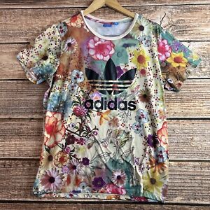 Adidas Shirt Mens Medium Floral All Over Print Boho Hippie Short Sleeve Trefoil