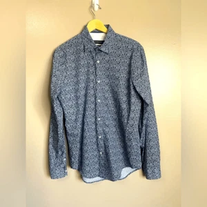 Zara man slim fit micro floral navy blue button up shirt size medium preppy - Picture 1 of 7