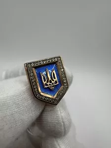 Spilla smaltata emblema tridente Ucraina oro 585 14 carati zirconi colore blu 3,4 g spedizione gratuita - Foto 1 di 9