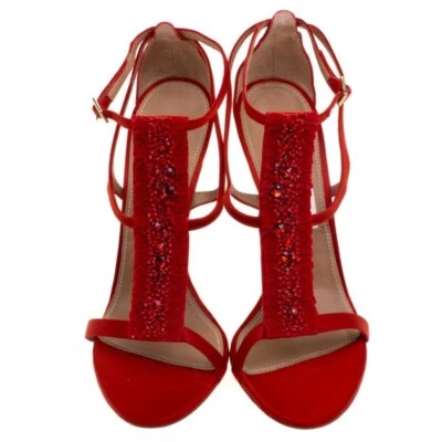 Sandalias Salvatore Ferragamo rojas adornadas satinadas brillo correa en T talla 40,5 Foto 1 de 4