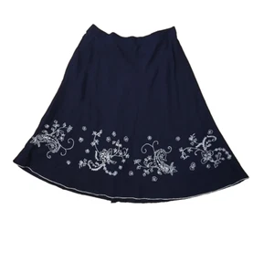 Linen Blend A Line Skirt 14P Petite Dark Blue Embroidered Floral Lined Dainty - Picture 1 of 7