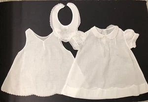 Vintage White Cotton Baby Dress. Slip, bib Embroidered tiny Pink Rose Buds - Picture 1 of 9