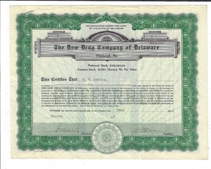 Pennsylvania 1934 Dow Drug Company of Delaware Aktienzertifikat Pittsburgh #3 - Bild 1 von 2