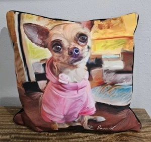 Bella the Chihuahua Square Pillow Paws and Whiskers Collection Pink Jacket 17x17 - Bild 1 von 4
