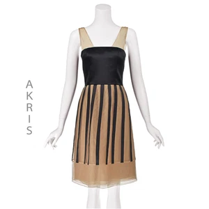 AKRIS schwarz Seide Satin und Latte-farben Tüll Abendkleid neu ohne Etikett Gr. SM - Bild 1 von 11