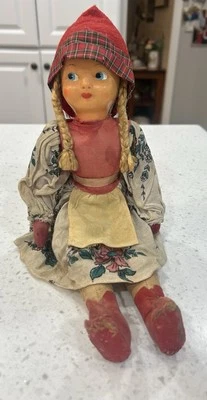  1940s Sawdust Filled Cloth Doll Painted Composition Face Made in Poland   - Image 1 of 4