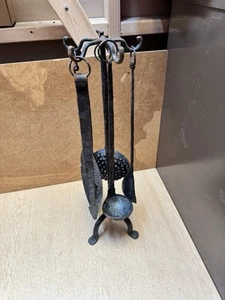 5 Piece Companion Set - Black Iron Fireplace Tools & Stand Poker - Rustic Design - Picture 1 of 6