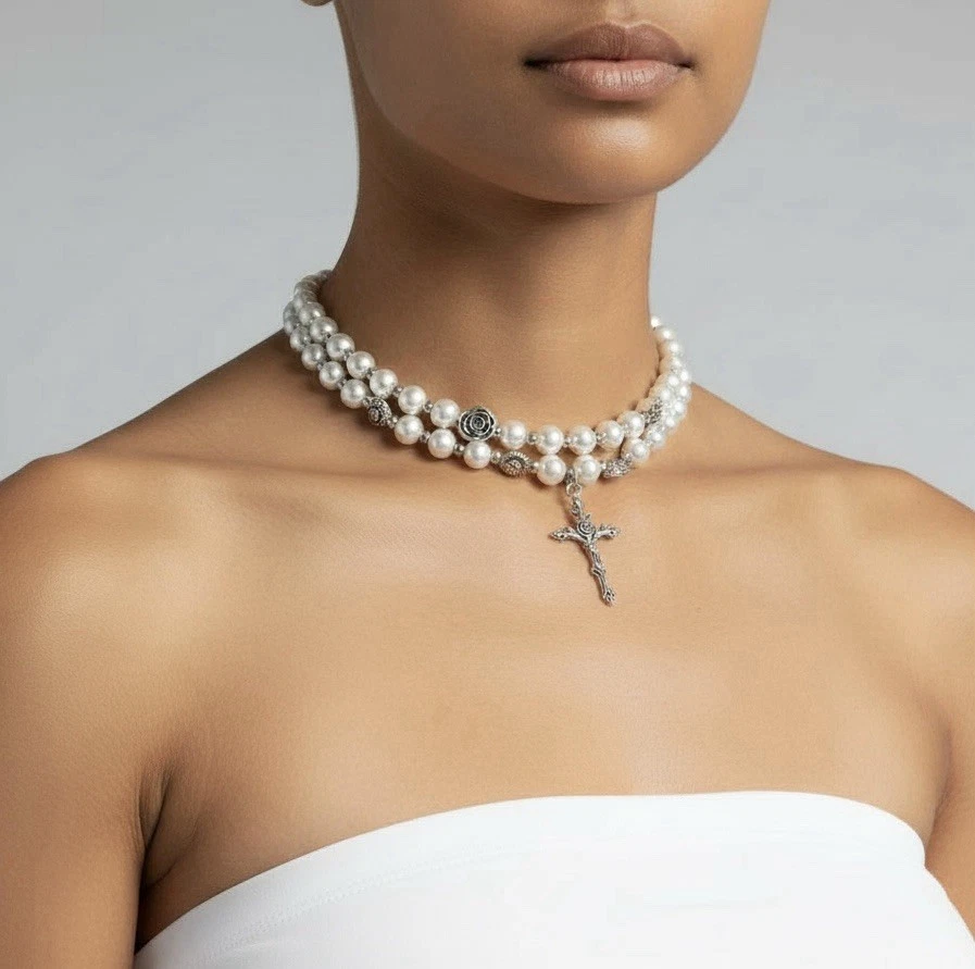 Collar Gargantilla Perla para Mujer - Colgante Cruz Vintage En Capas, Joyería Elegante Foto 1 de 4