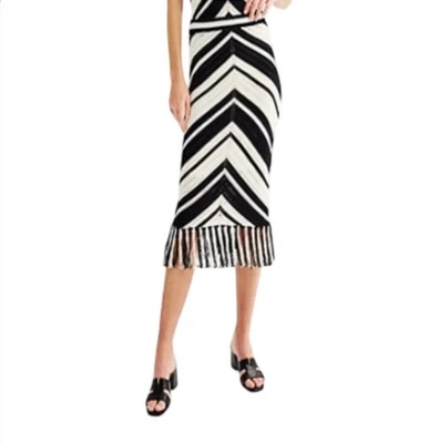 Nine West Women’s Chevron Knit Midi Skirt Fringe Hem Black White M NWT - Image 1 of 4