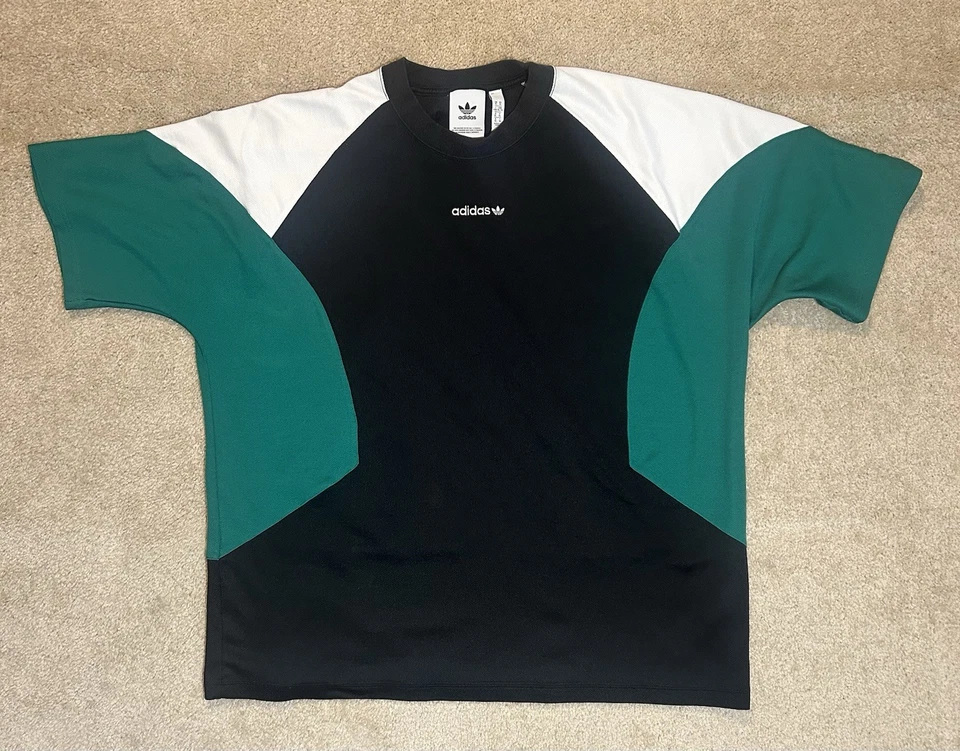Vintage Adidas Originals Trefoil T Shirt Mens Large Black Green Colorblock 90s  - Image 1 of 4