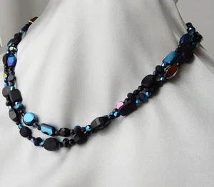 Larzo Halskette schwarz mitternachtsblau Tschechische Glasperlen 2-Strang elegant 19 Zoll - Bild 1 von 11