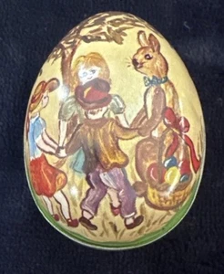 Vintage Easter Tin Egg Candy Container Lithograph Bunny Scene 2.5” - Picture 1 of 2