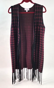 Attitudes by Renee Sz Small Black/Berry Houndstooth Open Sleeveless Fringe Top - Picture 1 of 10