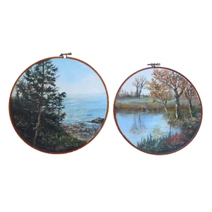 original coastal landscape paintings on embroiders loop loom set of 2 signed - Picture 1 of 11